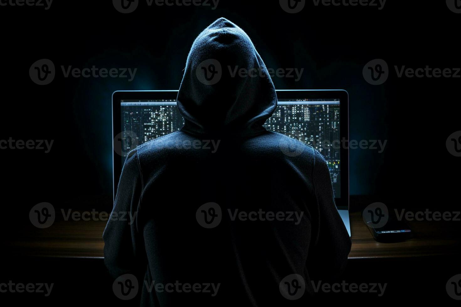 AI generated Man in a hood sitting with his back in front of monitor on dark background. Hacking and cyber security. AI generated. photo