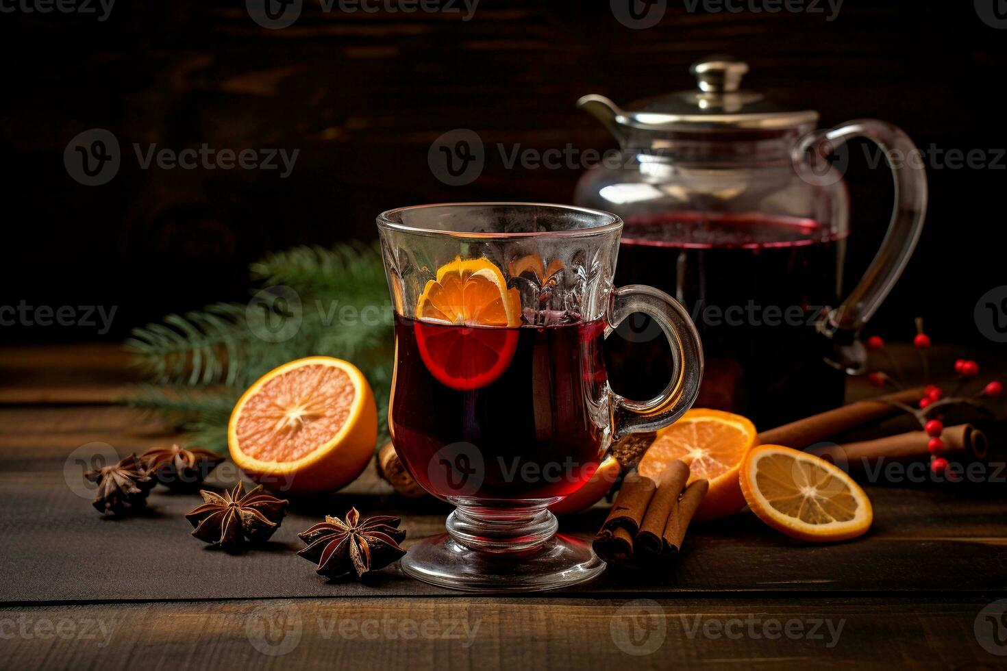 Glass and teapot of mulled wine with slices of oranges, cinnamon and anise on wooden table with fir branch. AI generated photo