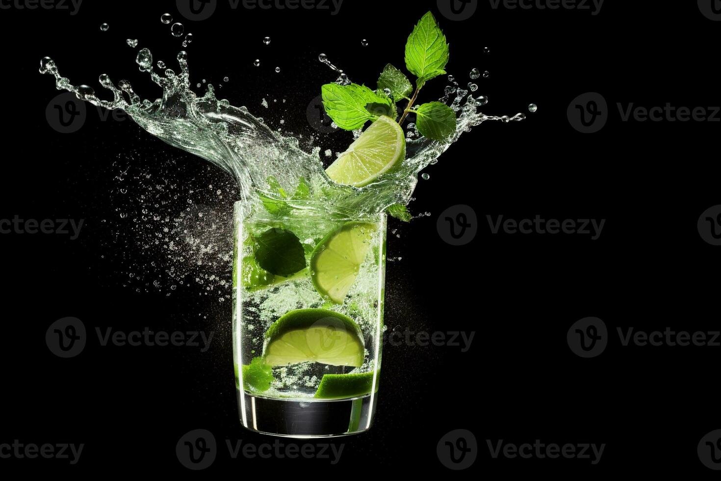 AI generated Mojito cocktail with splashes, mint leaves and lime slices flying in the air, black background, copy space. AI generated photo