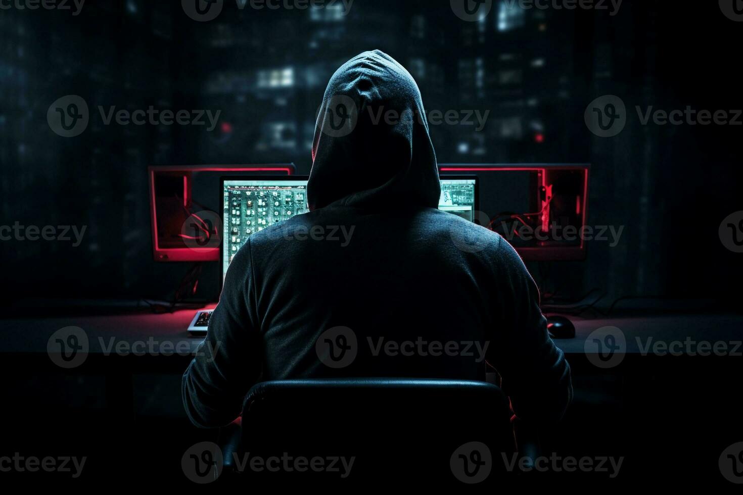 Man in a hood sitting with his back in front of monitor on dark background. Cyber security and hacking. AI generated. photo