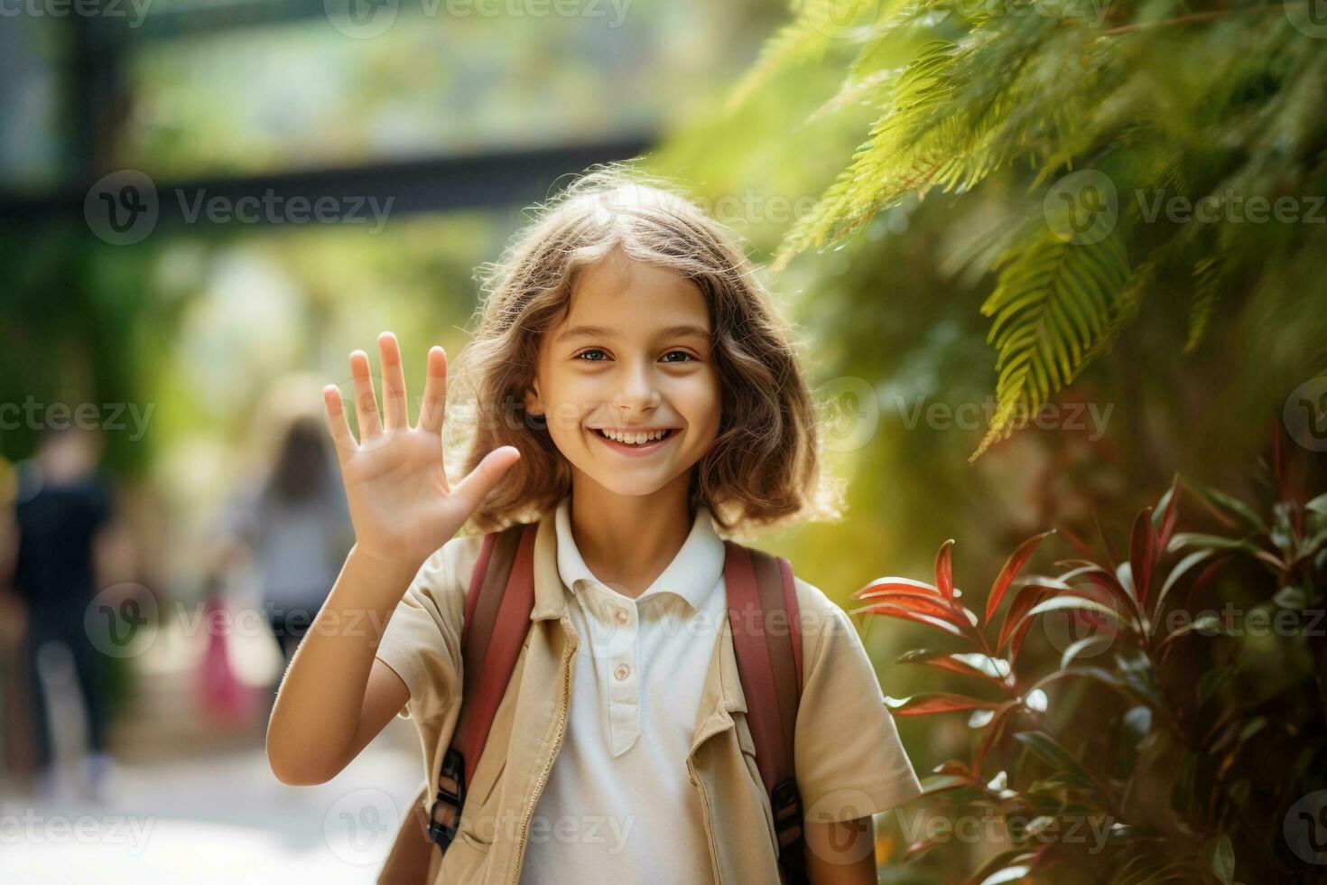 AI generated Smiling girl with a backpack waving her hand in the street on her way to school. AI generated. photo