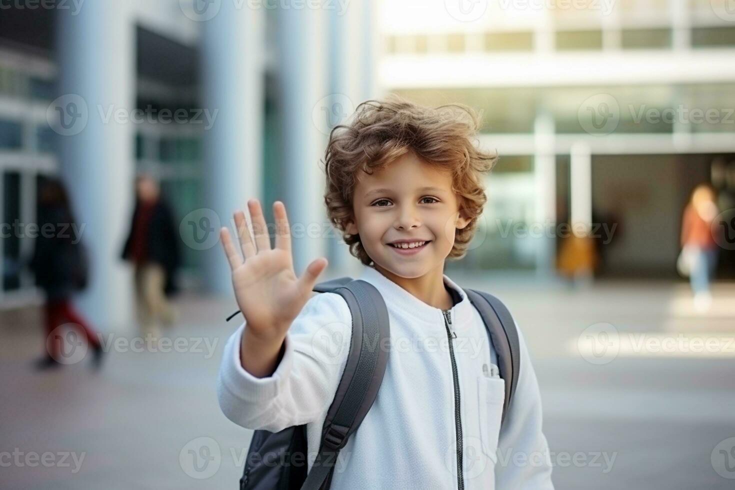 Smiling boy in white jacket with a backpack waving his hand in the street on his way to school. AI generated. photo