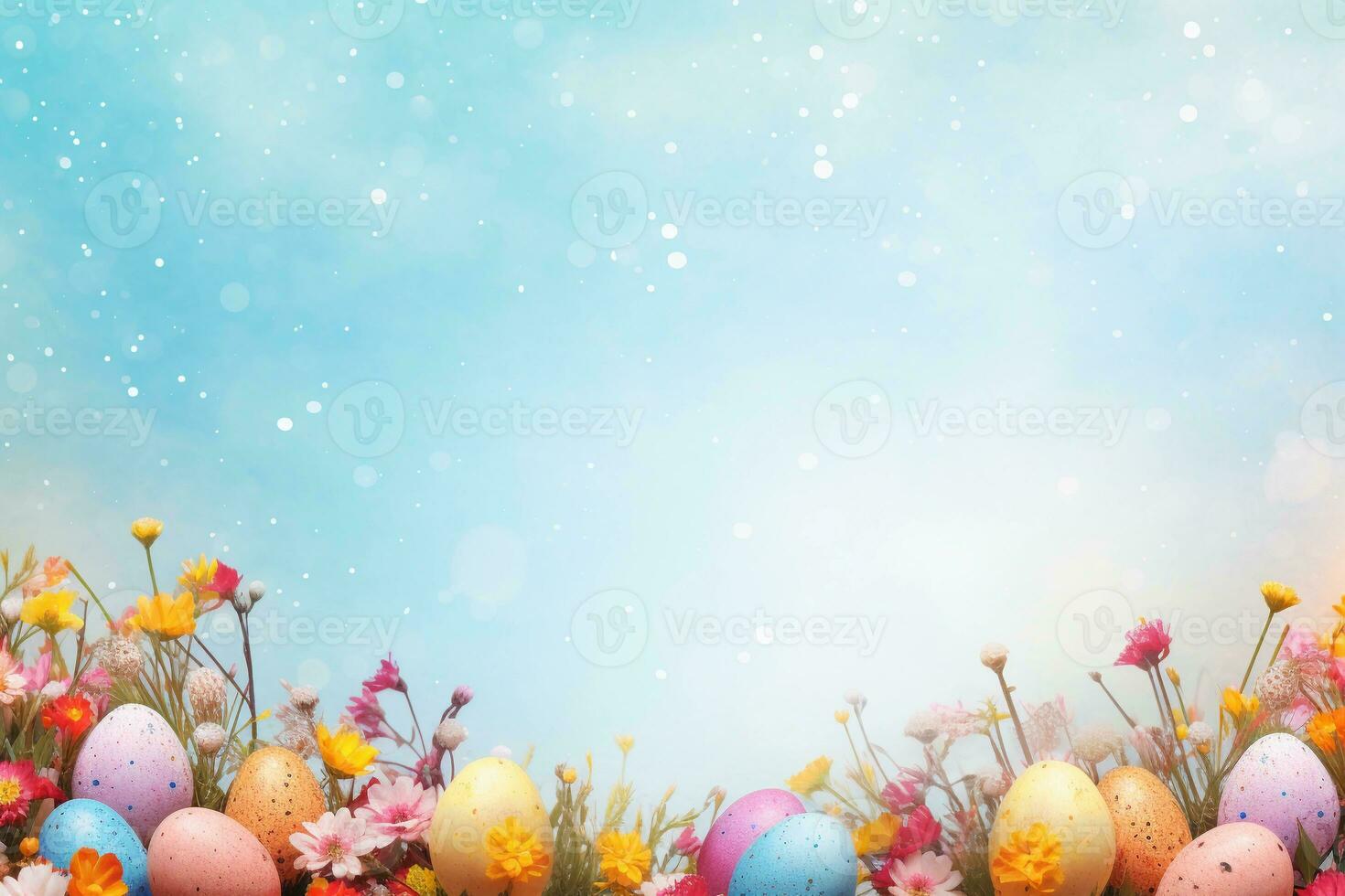 ai generado vistoso Pascua de Resurrección huevos y flores en ligero azul fondo, Copiar espacio. ai generado. foto