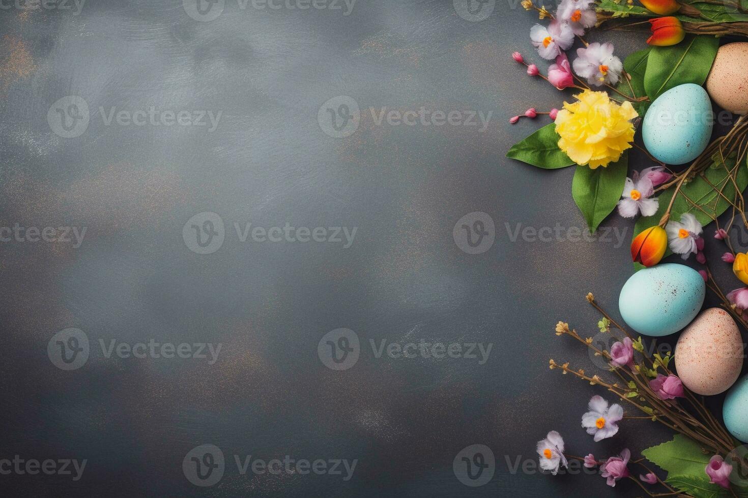 AI generated Colorful Easter eggs and flowers on gray background, copy space. AI generated. photo