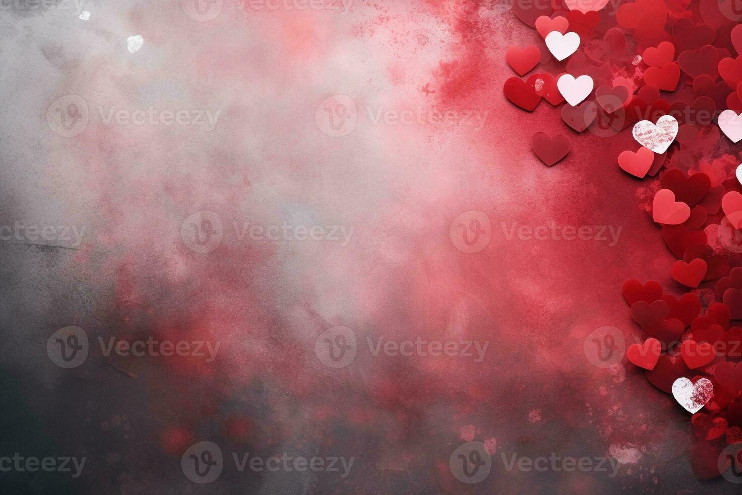 AI generated Red and white hearts on gray festive background with copy space. Valentines day poster or greeting card. AI generated. photo
