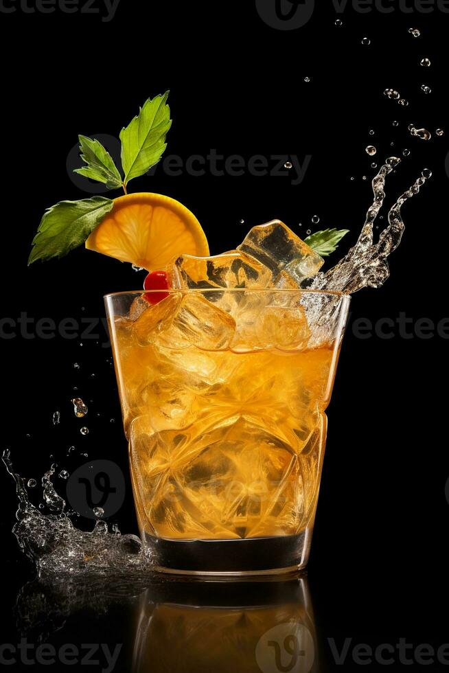 Mai tai cocktail with liquid splashes and orange slice flying in the air on black background. AI generated. photo