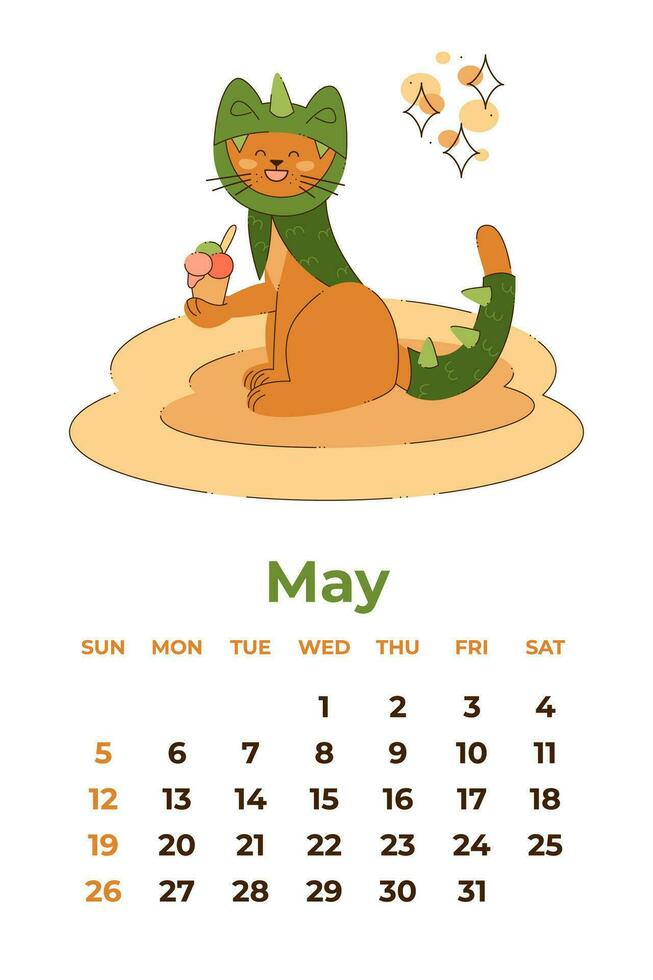 May 2024. Calendar sheet with a cute cat in a dragon costume and ice cream. Cartoon vector illustration.