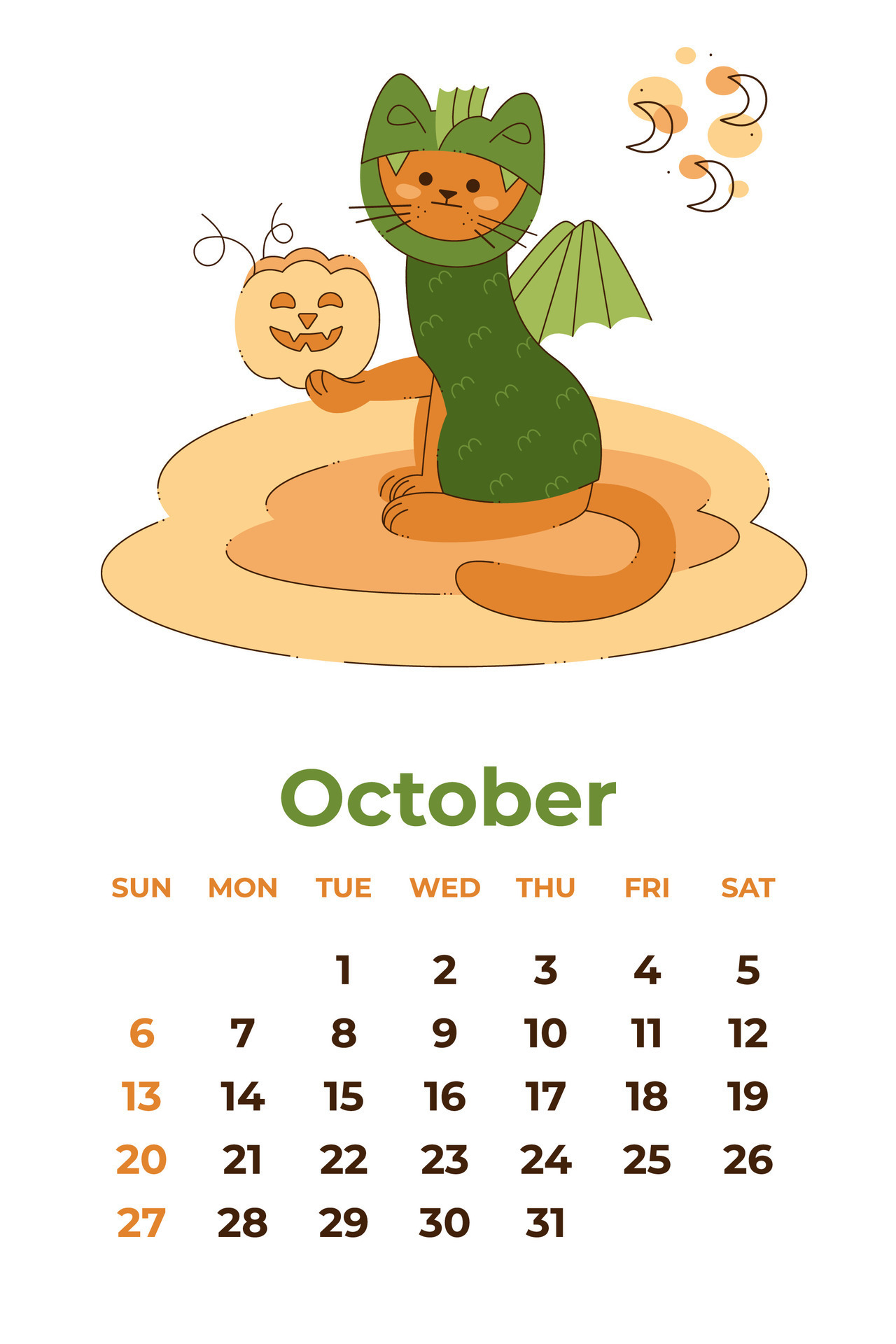 October 2024 Calendar Sheet With A Cute Cat In A Dragon Costume With october-2024-calendar-sheet-with-a-cute-cat-in-a-dragon-costume-with