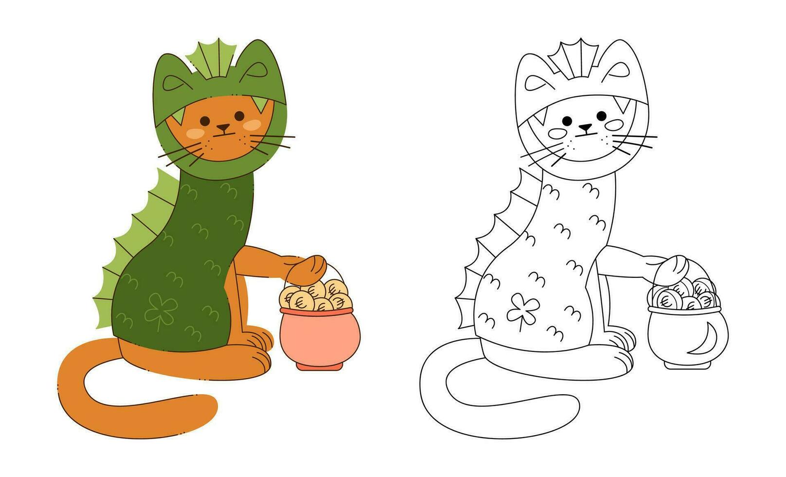 A cat character in a dragon costume with pot with euro coins. Color, black and white vector illustration.