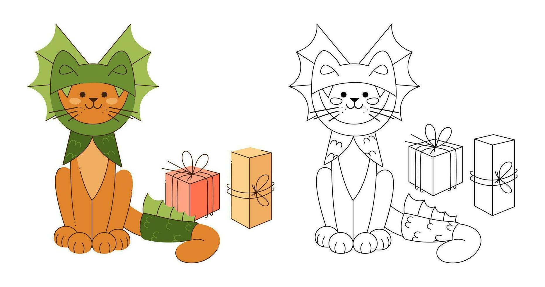 Cute cat character in a dragon costume with boxes of gifts. Color, black and white vector illustration.