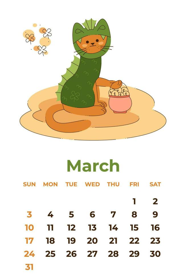 marzo 2024. calendario sábana con un linda gato en un continuar disfraz con un maceta de monedas dibujos animados vector ilustración.