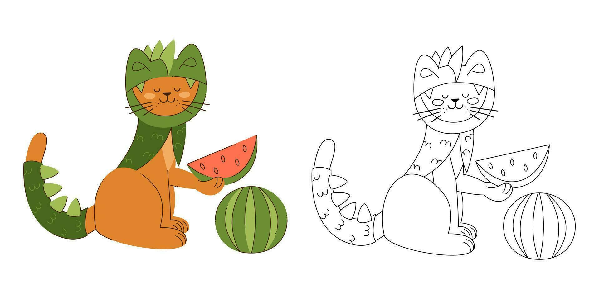A cat character in a dragon costume with a slice of watermelon. Color, black and white vector illustration.