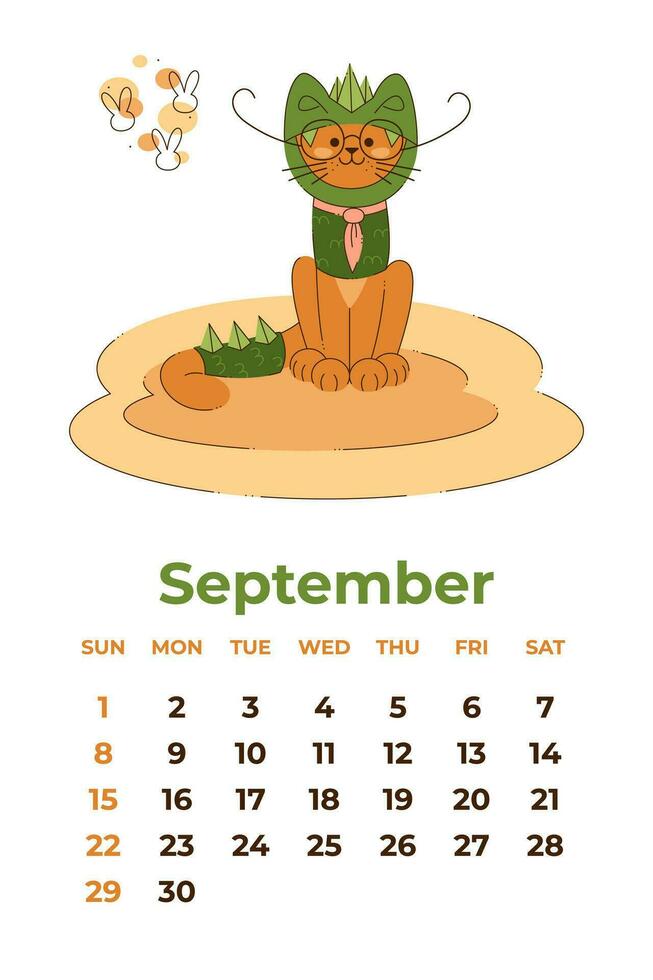 septiembre 2024. calendario sábana con un linda gato en un continuar disfraz con lentes y atar. dibujos animados vector ilustración.