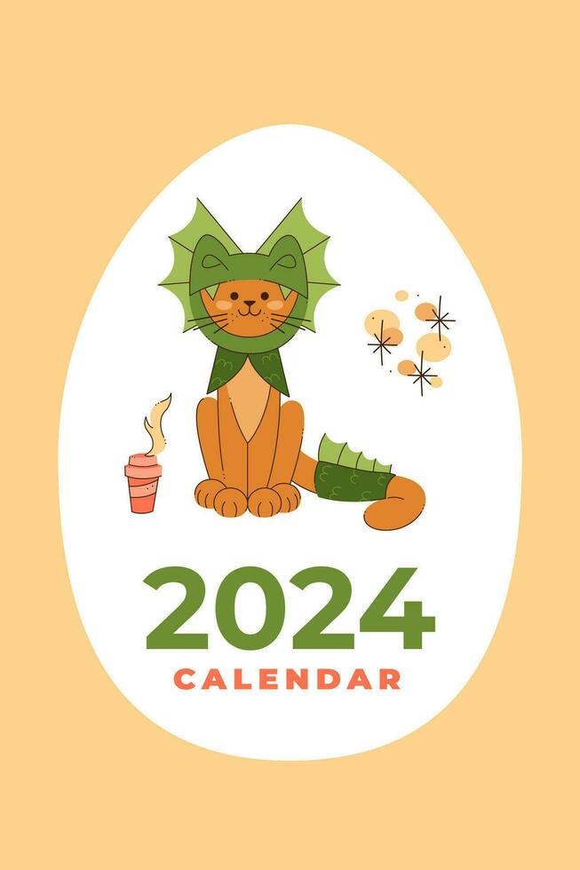 Calendar2024 cover. Cute and funny cat in a dragon costume with a cup of coffee. Cartoon vector illustration.