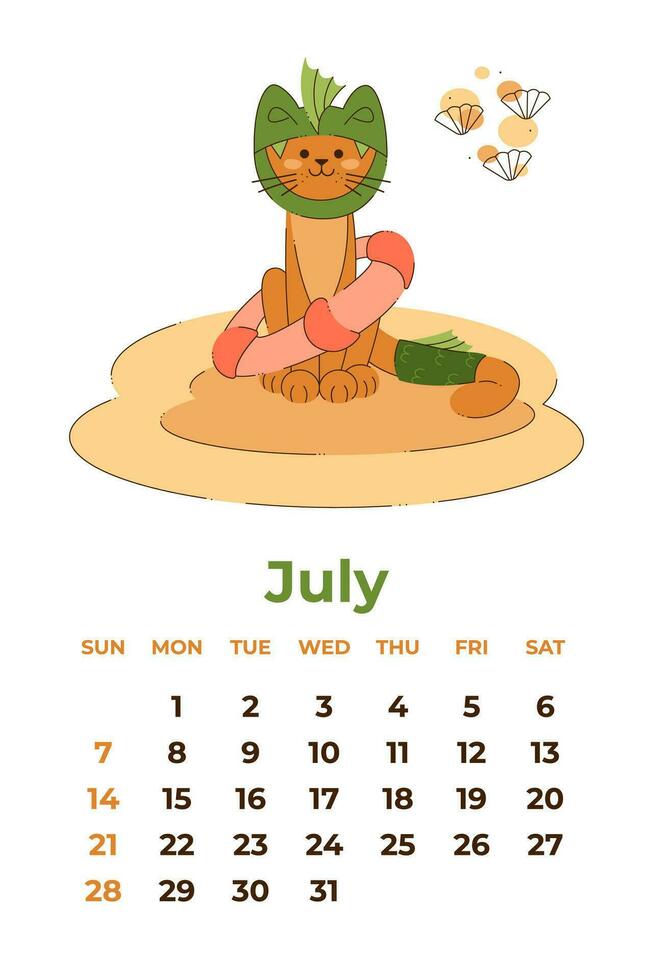 julio 2024. calendario sábana con un linda gato en un continuar disfraz con un boya salvavidas. dibujos animados vector ilustración.