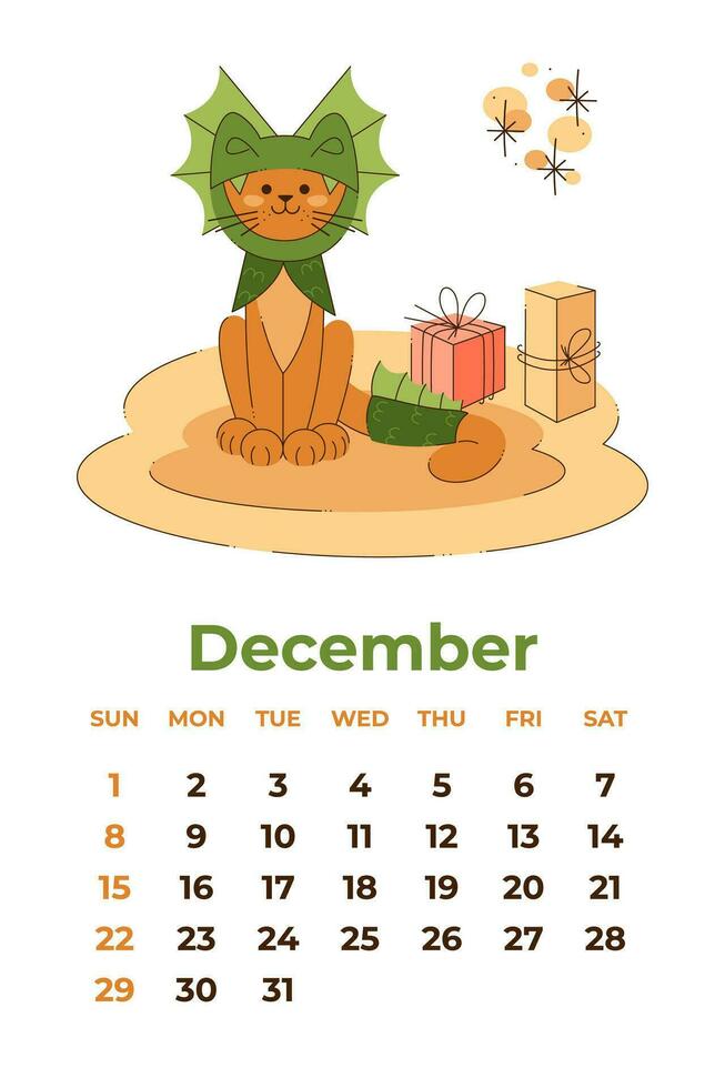 December 2024. Calendar sheet with a cute cat in a dragon costume with boxes of gifts. Cartoon vector illustration.