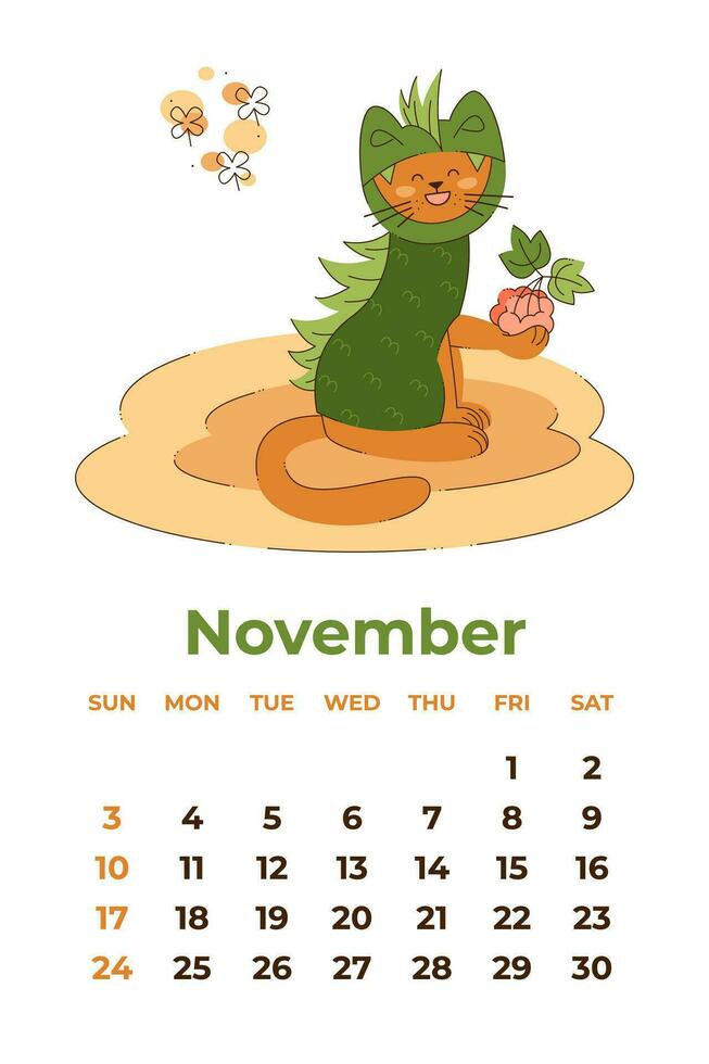 November 2024. Calendar sheet with a cute cat in a dragon costume with a bunch of rowan. Cartoon vector illustration.