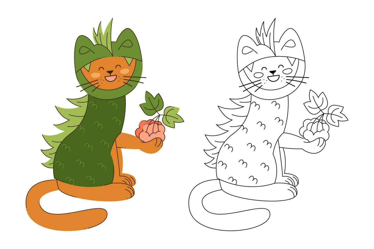 Cute cat character in a dragon costume with a bunch of rowan berries. Color, black and white vector illustration.