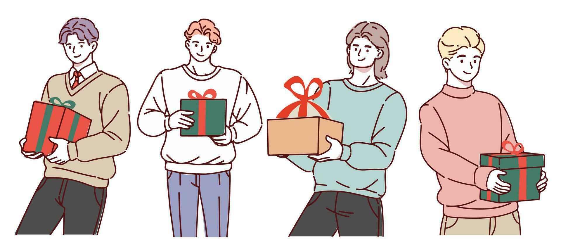 Happy people with Christmas gifts. Set of merry man holding and carrying wrapped New Year present boxes. Giftboxes for winter holidays. Flat vector illustration isolated on white background