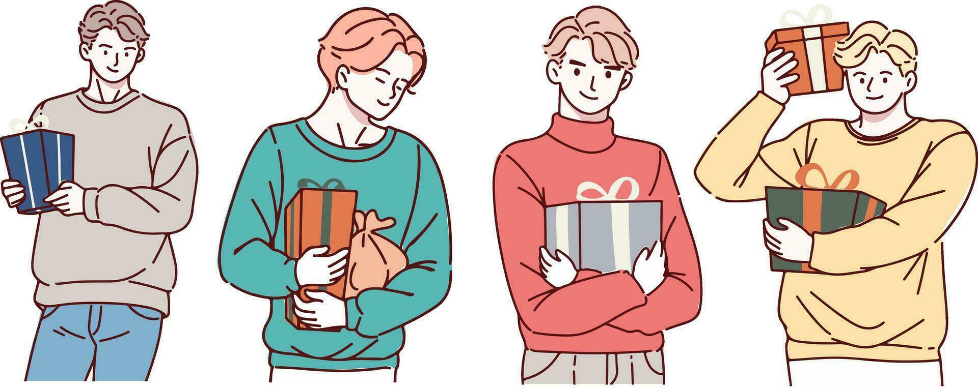 Happy people with Christmas gifts. Set of merry man holding and carrying wrapped New Year present boxes. Giftboxes for winter holidays. Flat vector illustration isolated on white background