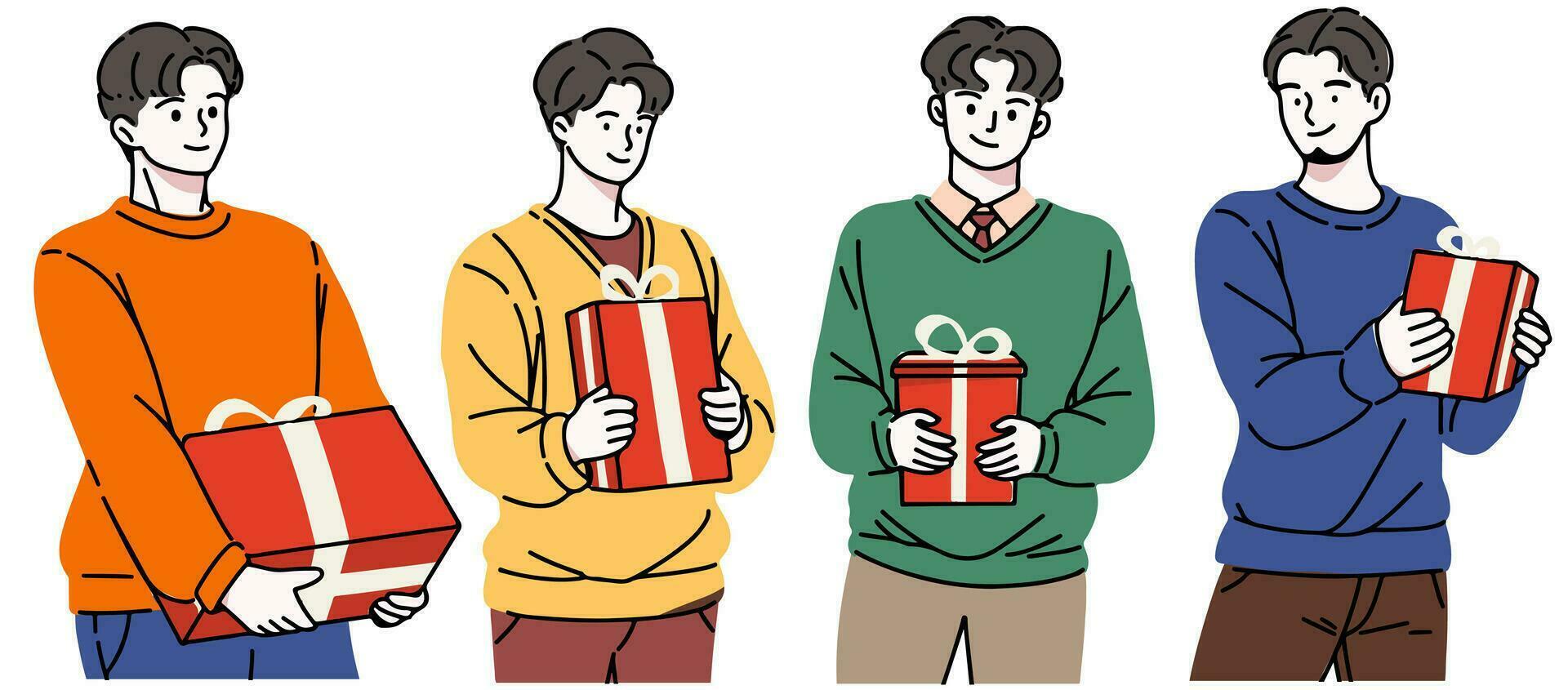 Happy people with Christmas gifts. Set of merry man holding and carrying wrapped New Year present boxes. Giftboxes for winter holidays. Flat vector illustration isolated on white background