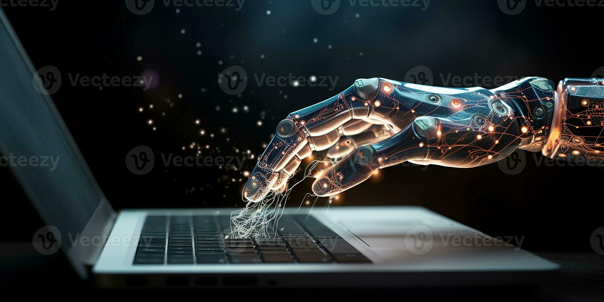 AI generated technological progress, artificial intelligence. robot hands working at the computer photo