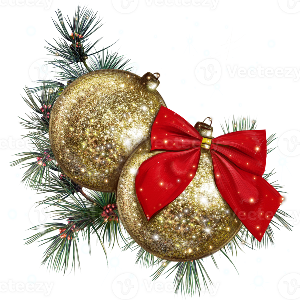 shiny golden Christmas balls decorations with a red bow in the fir branches png