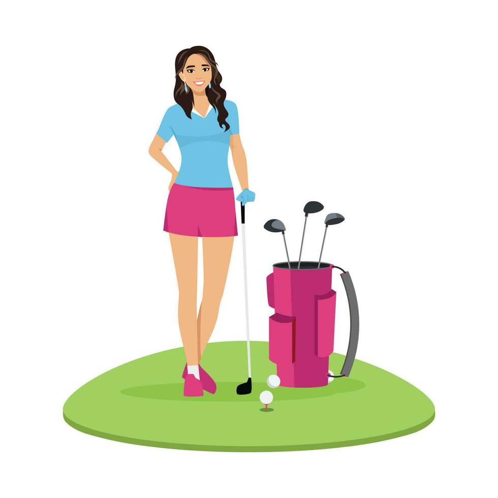 golf jugando. joven golfista poses para un foto. con golf clubs en verde césped. vector