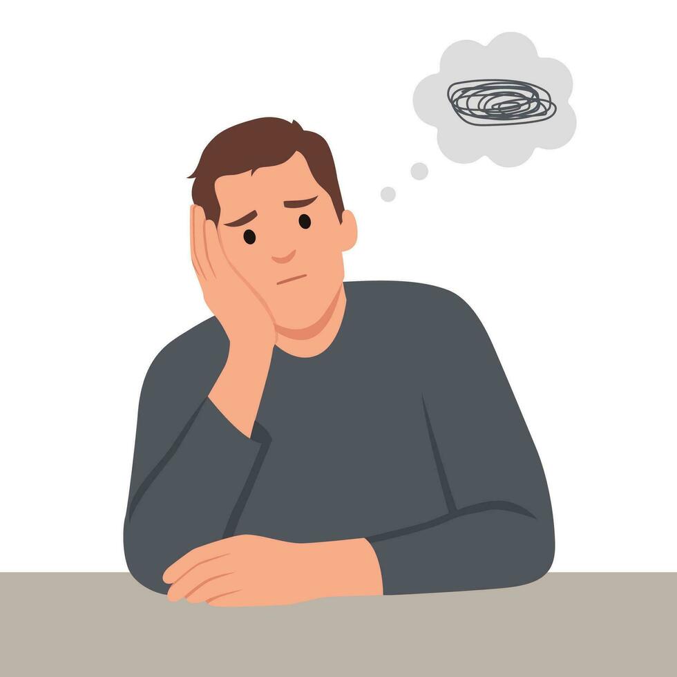 illustration of a man who is asking questions or is confused because he gets into a problem. the concept of running out of ideas, daydreaming, sad, depressed. vector