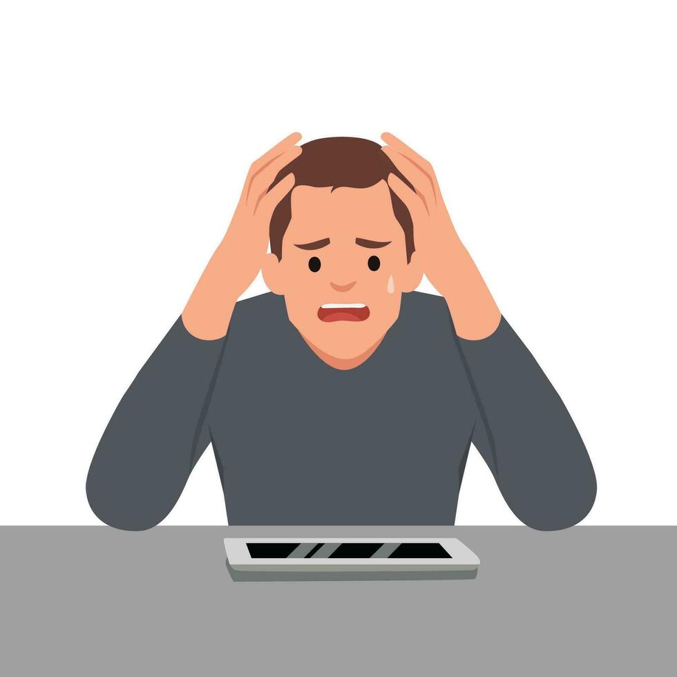 Young man cartoon Scared talk on cellphone feel anxiety with communication. Frightened people have smartphone call. Phone on the desk. vector