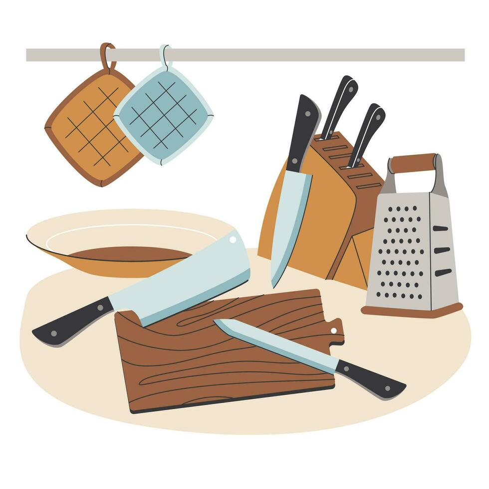 un composición de cocina artículos cuchillos, corte tablero y rallador. preparación de productos para cocinando. vector ilustración