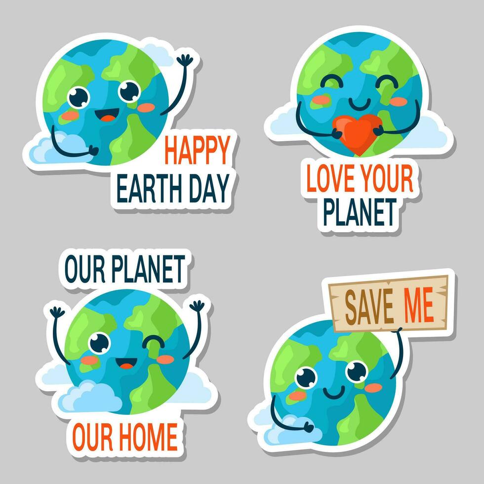 Cute kawaii stickers for planet day. Vector stickers with a contour for cutting.