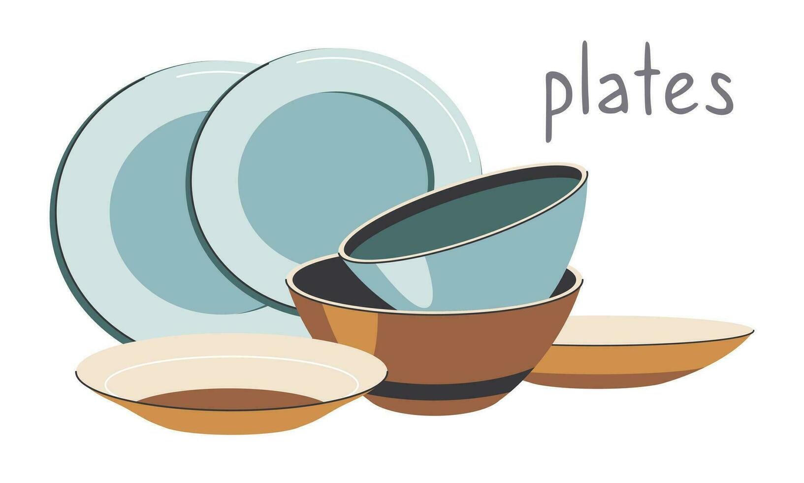 Empty plates and bowls isolated on a white background vector illustration.
