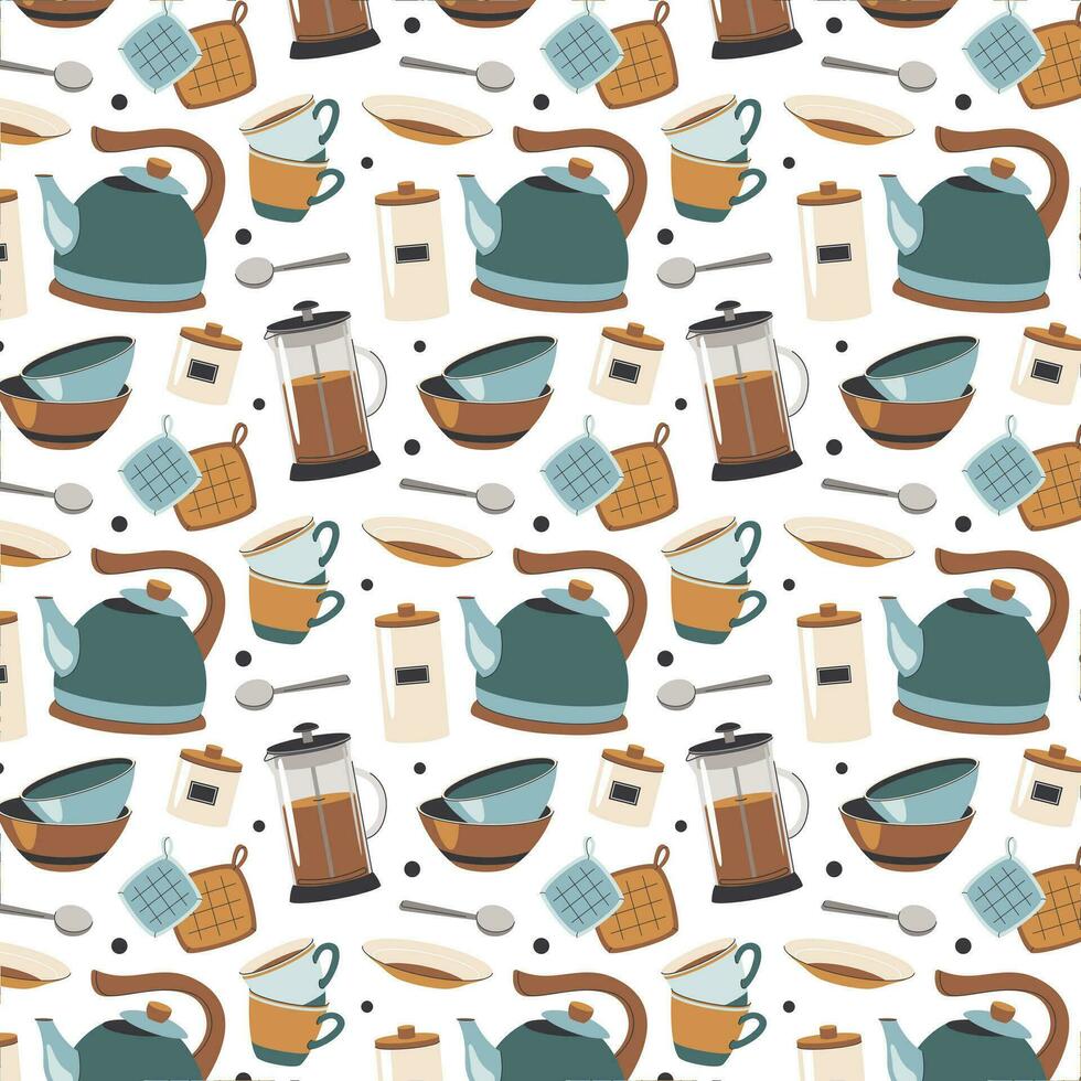 Seamless pattern with vector tea accessories teapot, mugs, teapot. Pattern for fabric, background, menu, banners.