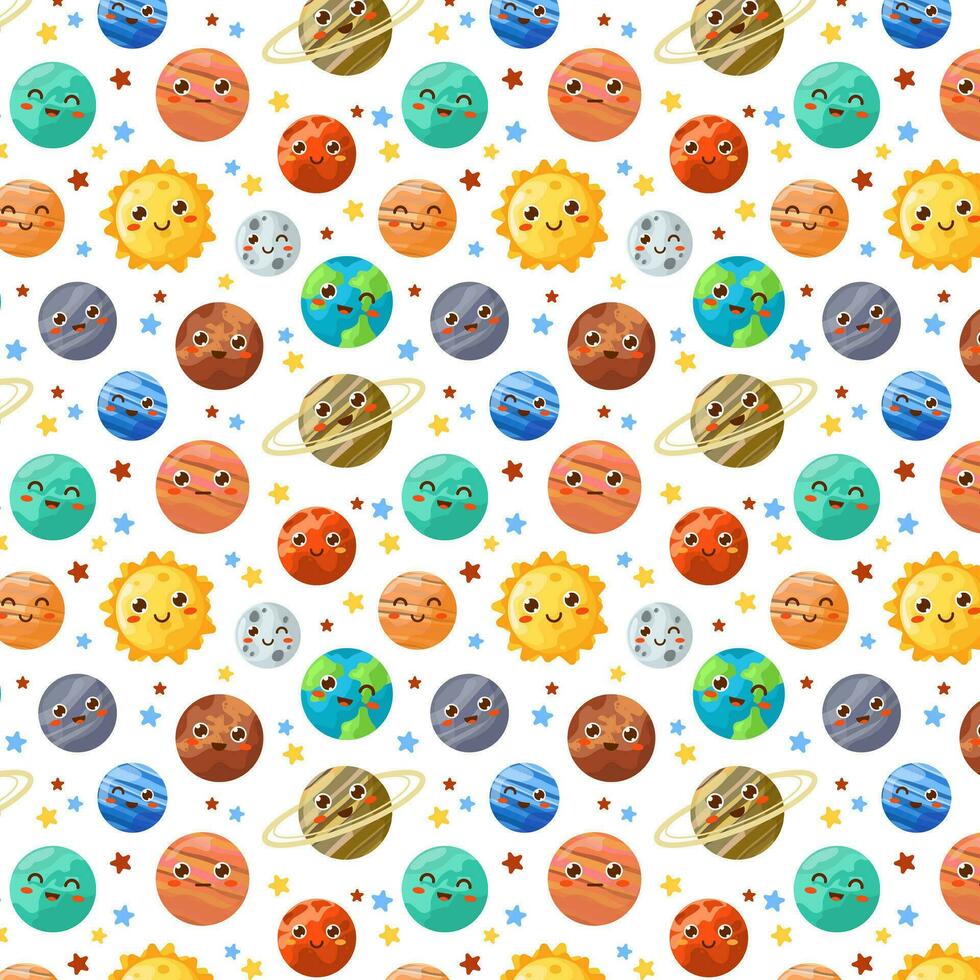 Cosmic seamless pattern with planets in the solar system. Cute Smiling planets in kawaii style Space vector background for Printing Children's T-shirt, children's room design, birthday party