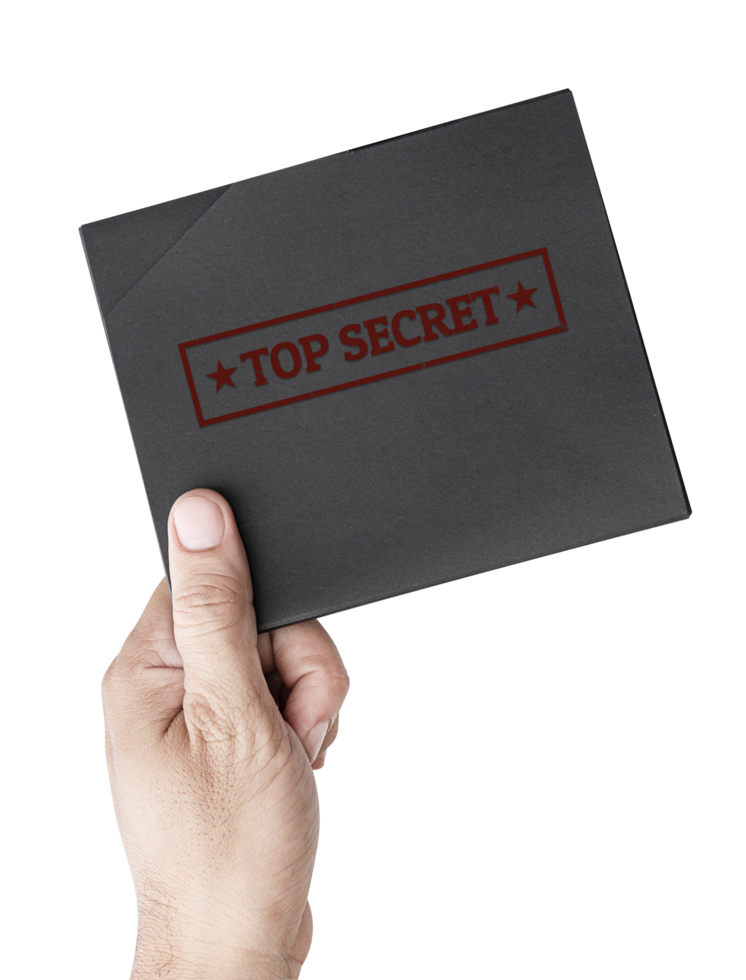 Hand hold black document envelope stamped top secret icon png