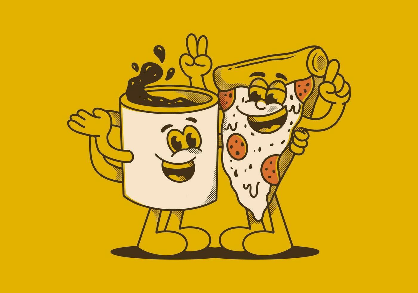 mascota personaje de un café jarra y un rebanada Pizza vector