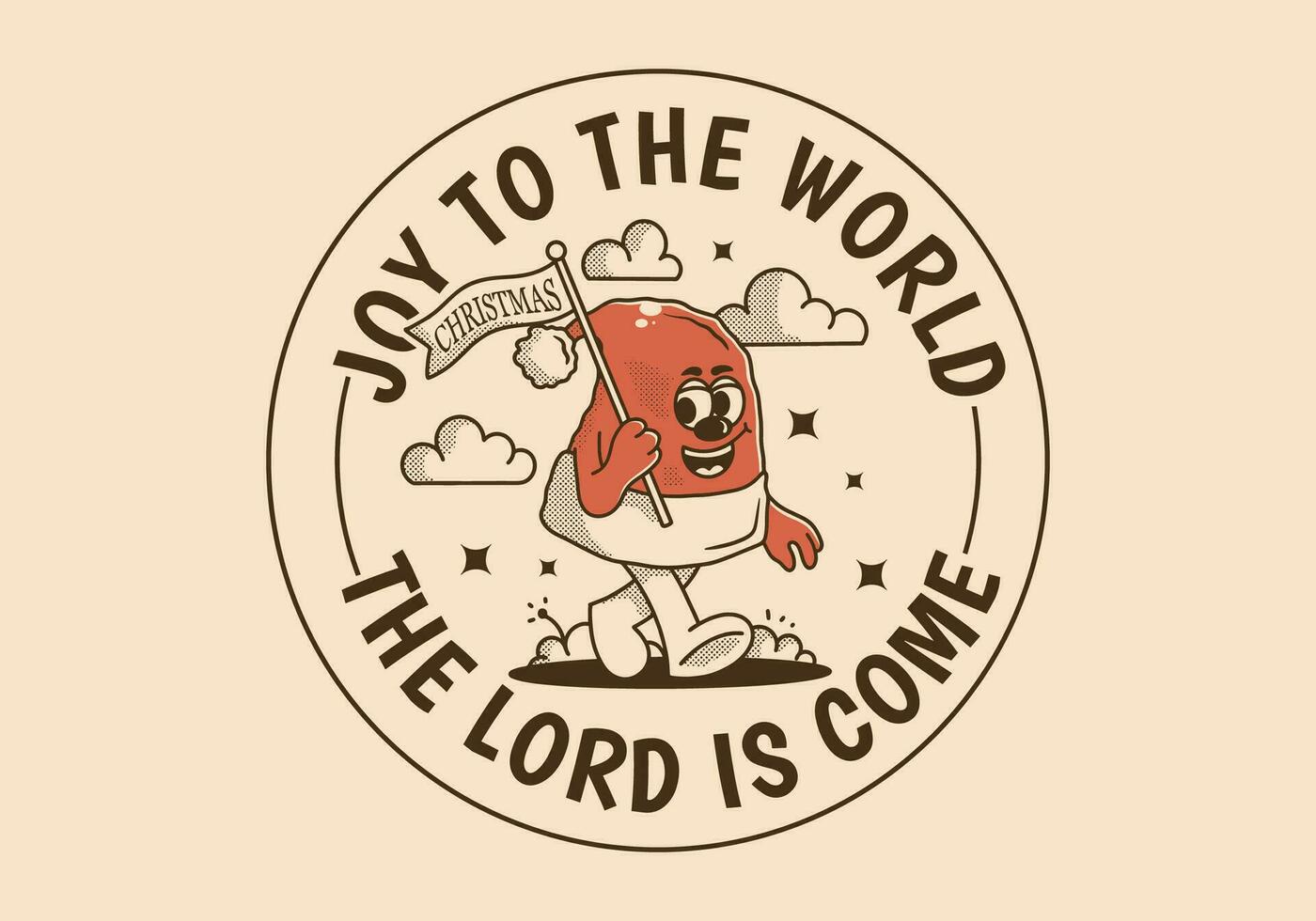 Joy to the world the Lord is come. Vintage Mascot character illustration of walking Christmas hat vector