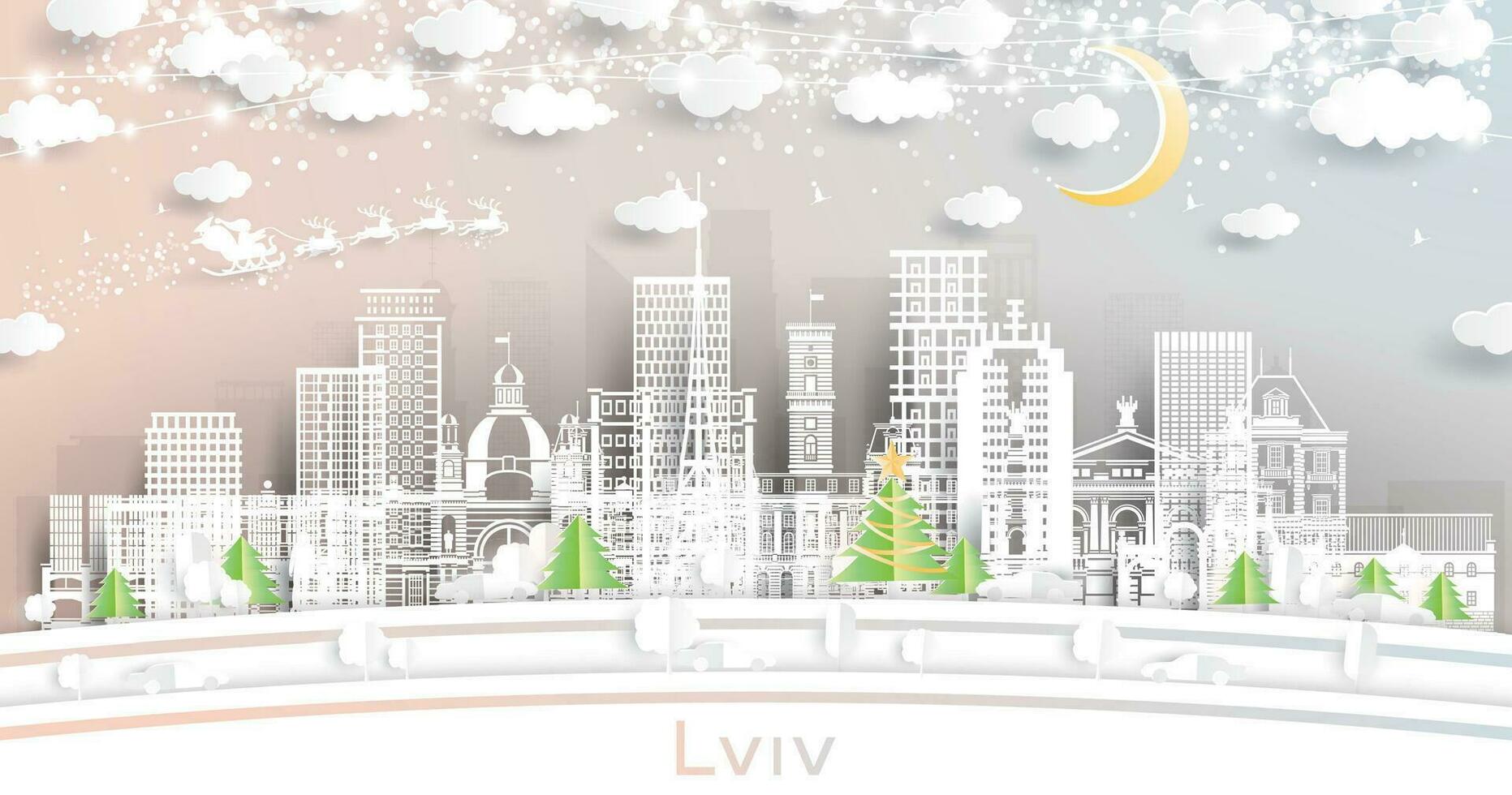 Lviv Ukraine. Winter city skyline in paper cut style with snowflakes, moon and neon garland. Christmas and new year concept. Santa Claus on sleigh. Lviv cityscape with landmarks. vector