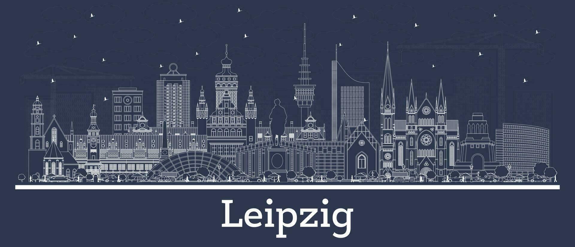 Outline Leipzig Germany city skyline with white buildings. Business travel and tourism concept with historic architecture. Leipzig cityscape with landmarks. vector