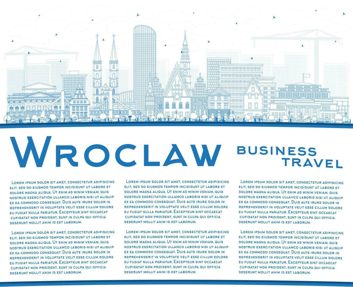 Outline Wroclaw Poland City Skyline with Blue Buildings and copy space. Wroclaw Cityscape with Landmarks. Business Travel and Tourism Concept with Historic Architecture. vector
