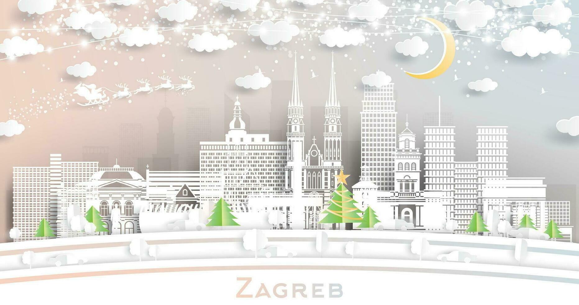 Zagreb Croatia. Winter city skyline in paper cut style with snowflakes, moon and neon garland. Christmas and new year concept. Santa Claus on sleigh. Zagreb cityscape with landmarks. vector