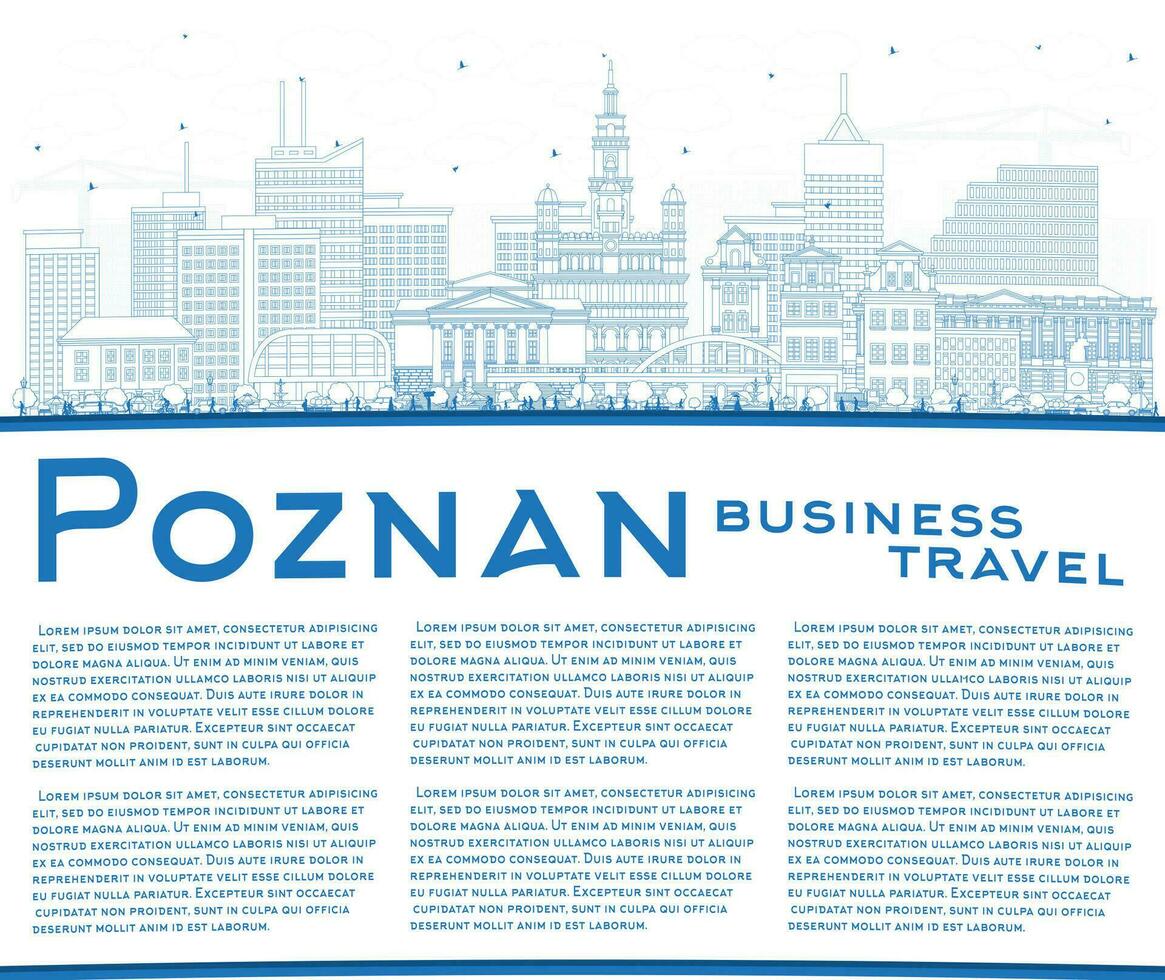 Outline Poznan Poland City Skyline with Blue Buildings and copy space. Poznan Cityscape with Landmarks. Business Travel and Tourism Concept with Historic Architecture. vector