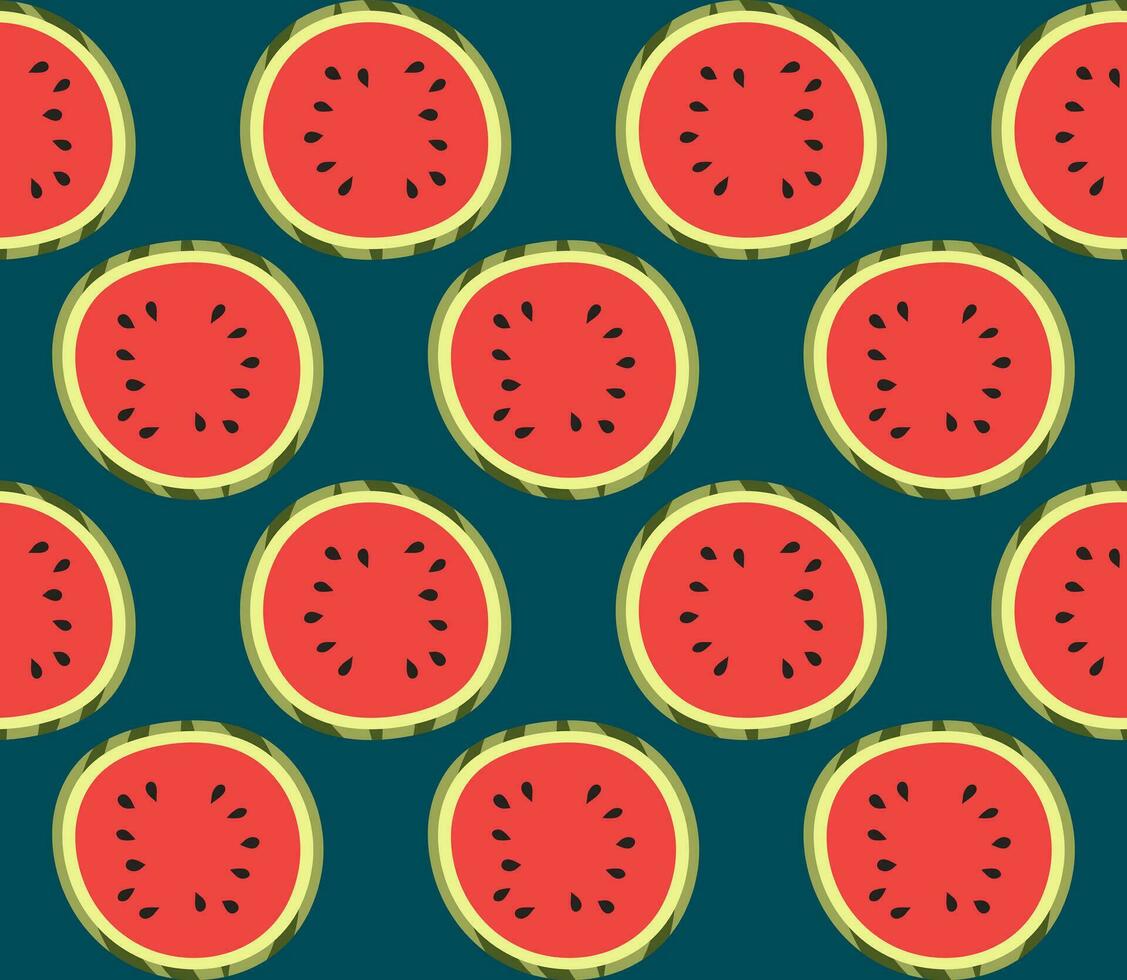 Seamless pattern with watermelons, half of watermelon on a dark background. Fruity summer pattern. Vector illustration