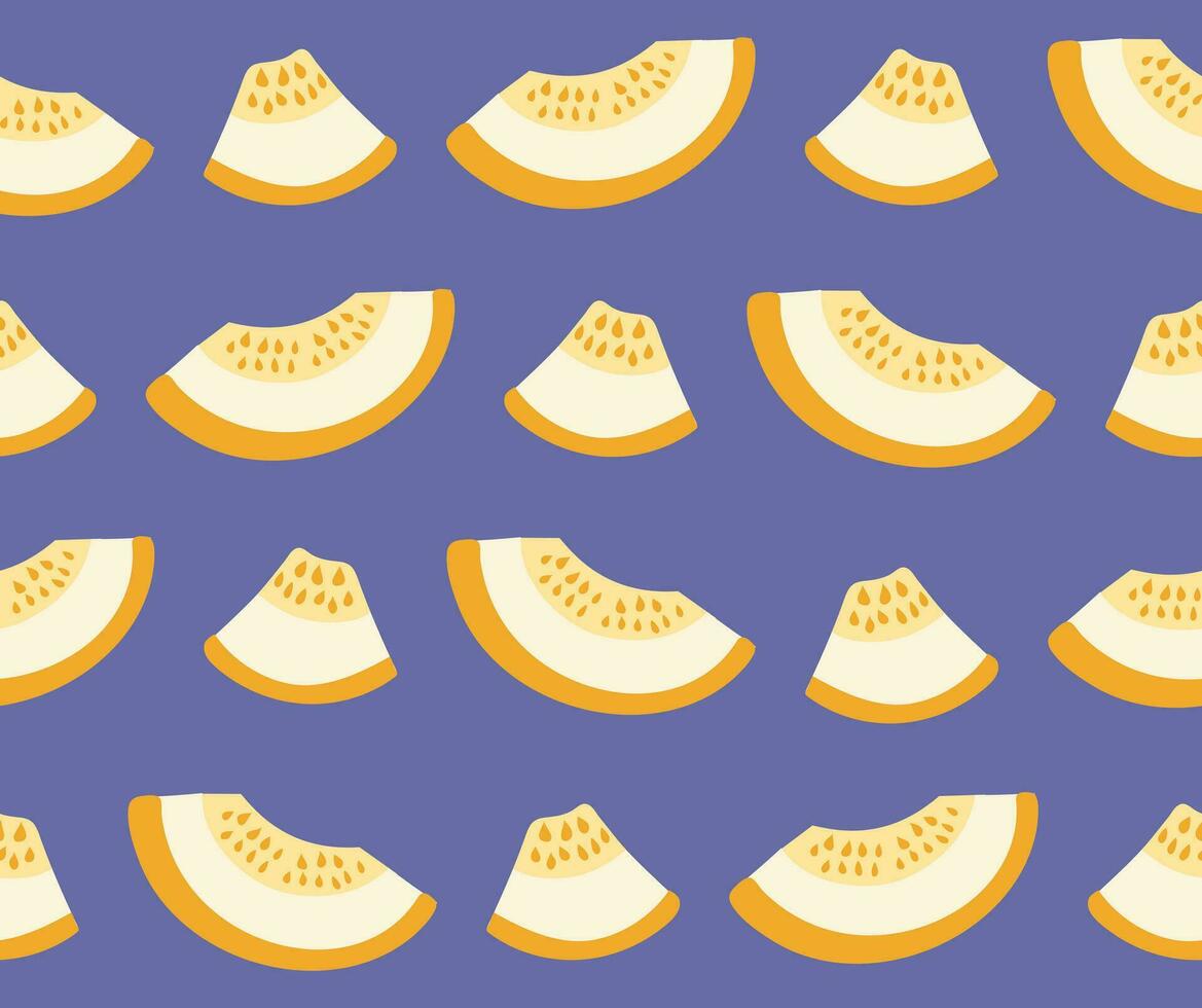 Seamless bright pattern of yellow melon pieces on a purple background. Fruit pattern. Vector illustration