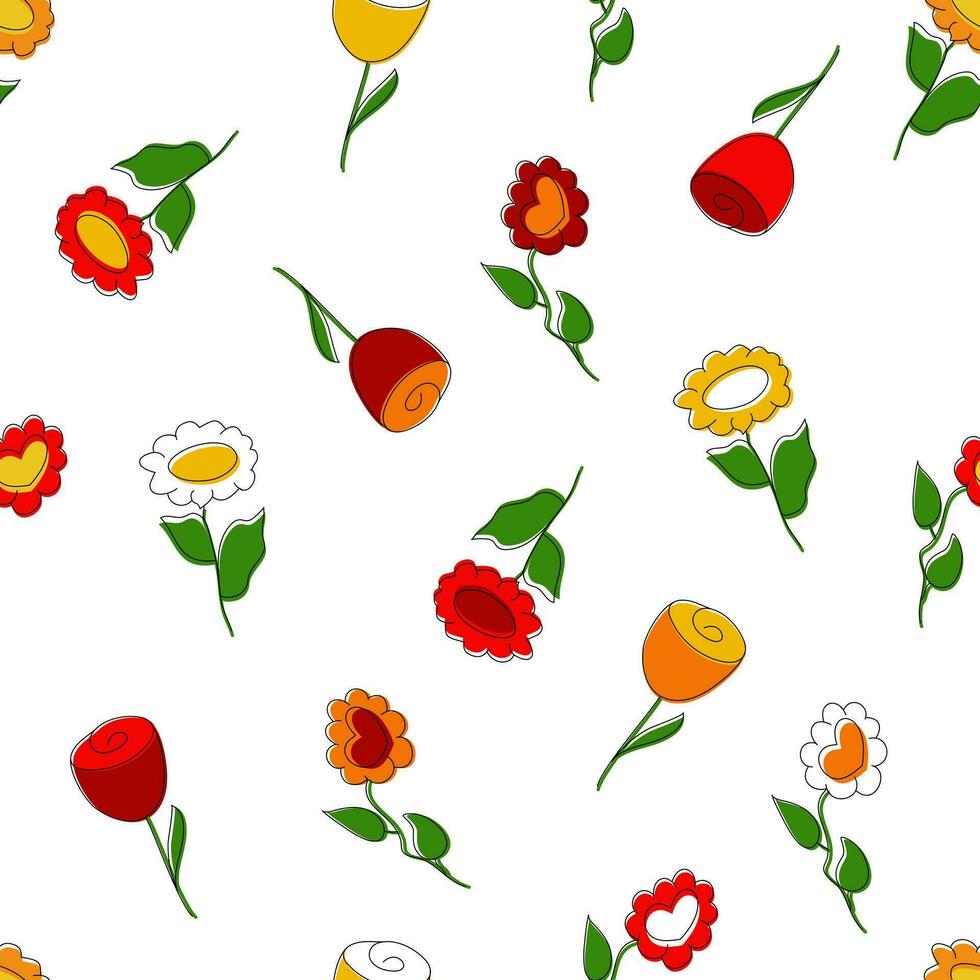 Seamless pattern of bright colorful flowers on a white background. Doodle style. Floral background vector