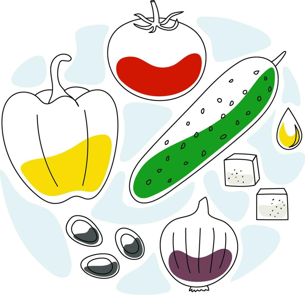 A collection of bright vegetables and feta cheese. Ingredients for a Greek salad. Vector illustration