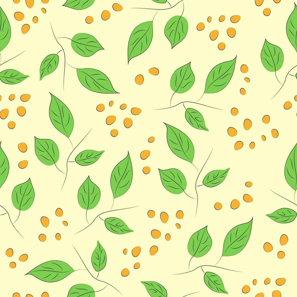 Seamless botanical pattern with branches and berries. Green leaves and yellow berries vector