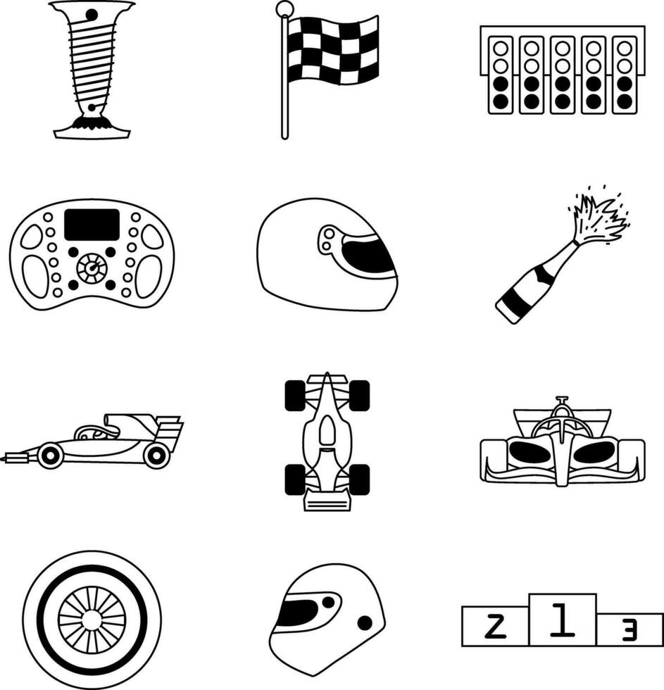 A set of contour icons on the theme of racing. Different types of cars, helmets and track elements. Vector illustration