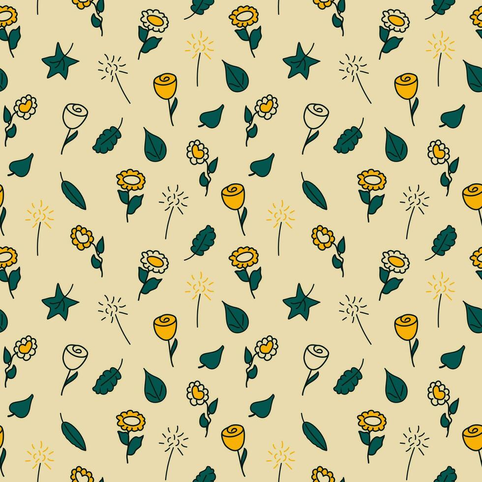 Seamless botanical pattern with summer leaves and flowers on a beige background. Doodle style vector